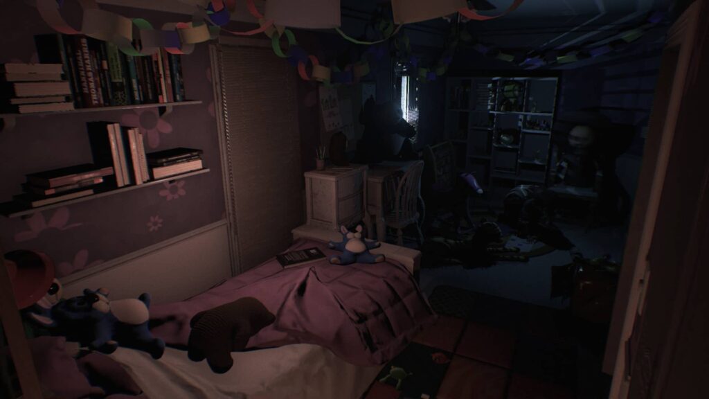 Visage: Dětský holčičí pokoj s postelí, stolem a skříní. Plný plyšáků, hraček a oudob.