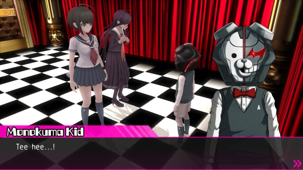 Danganronpa Another Episode Ultra Despair Girls – děti s helmou Monokumi