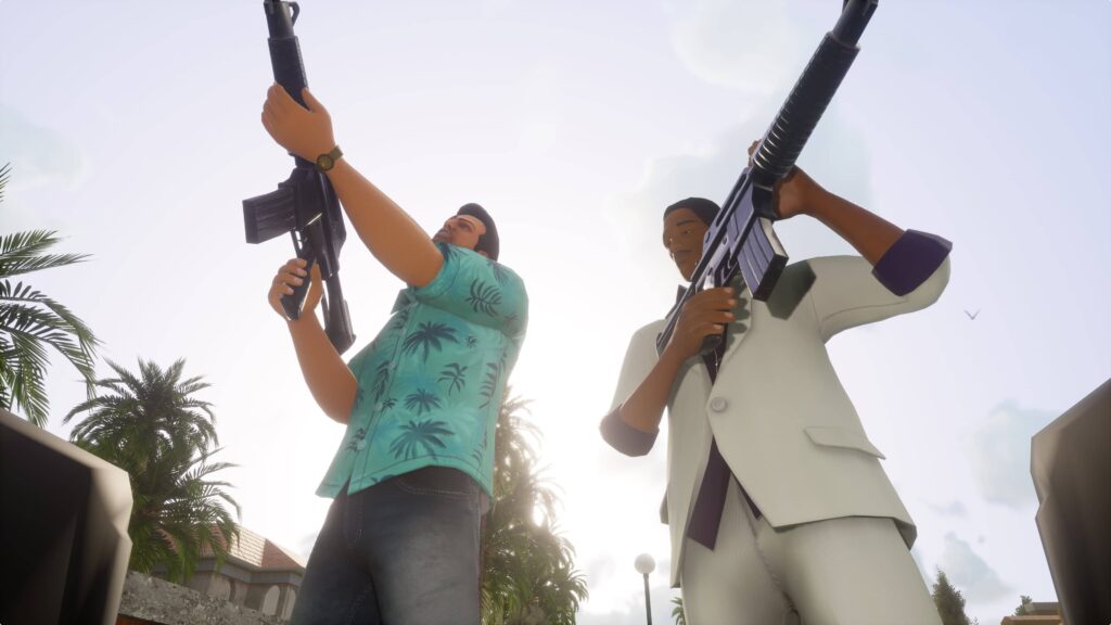 Grand Theft Auto – The Definitive Edition - zaber na tommyho a nejakyho cernocha jak drží M4
