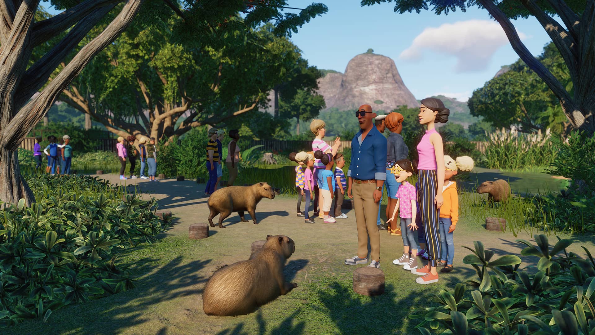 Planet Zoo kapybary s návštěvníky
