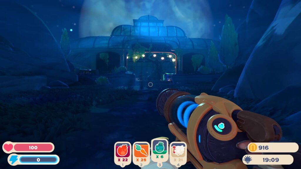 Slime Rancher 2 – zimní zahrada v noci
