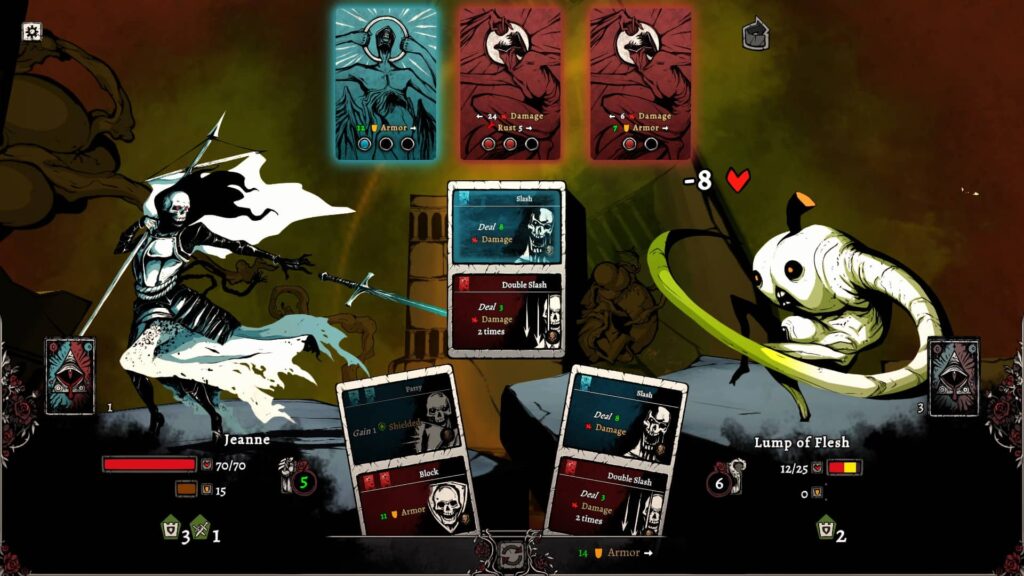 Nadir A Grimdark Deckbuilder – Johanka útočí na obří jablko