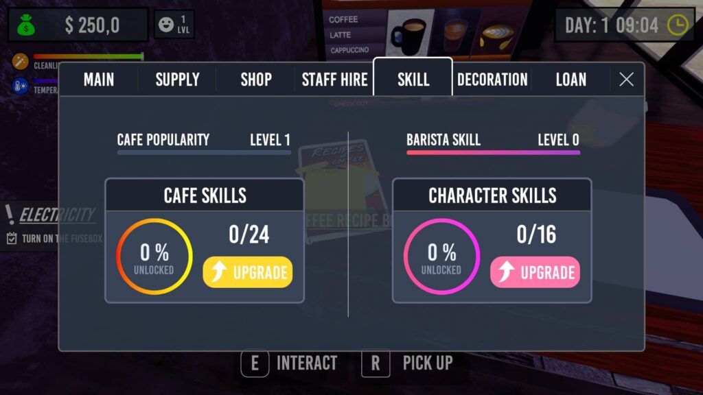 Barista Simulator schopnosti