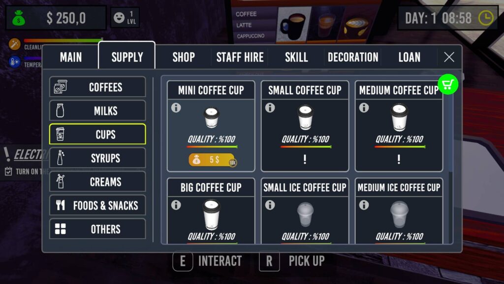 Barista Simulator - velikost kelímků