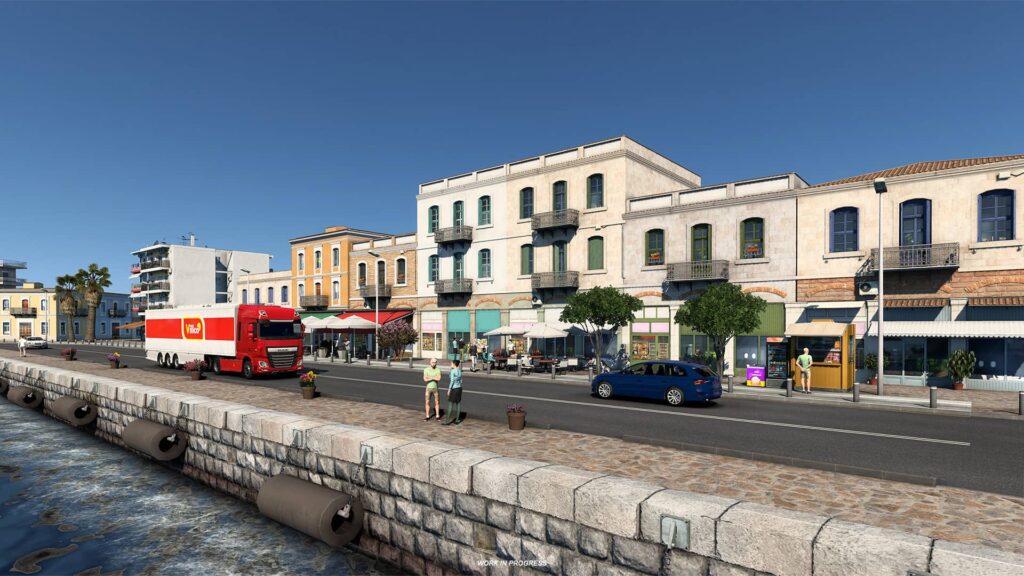 ETS2 Řecko - červený tahač a modré osobní auto