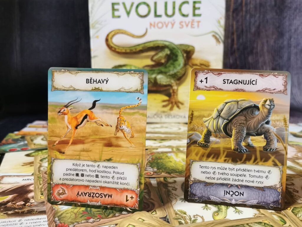 Evoluce – Nový svět – karty rysů běhavý, masožravý, stagnující a noční