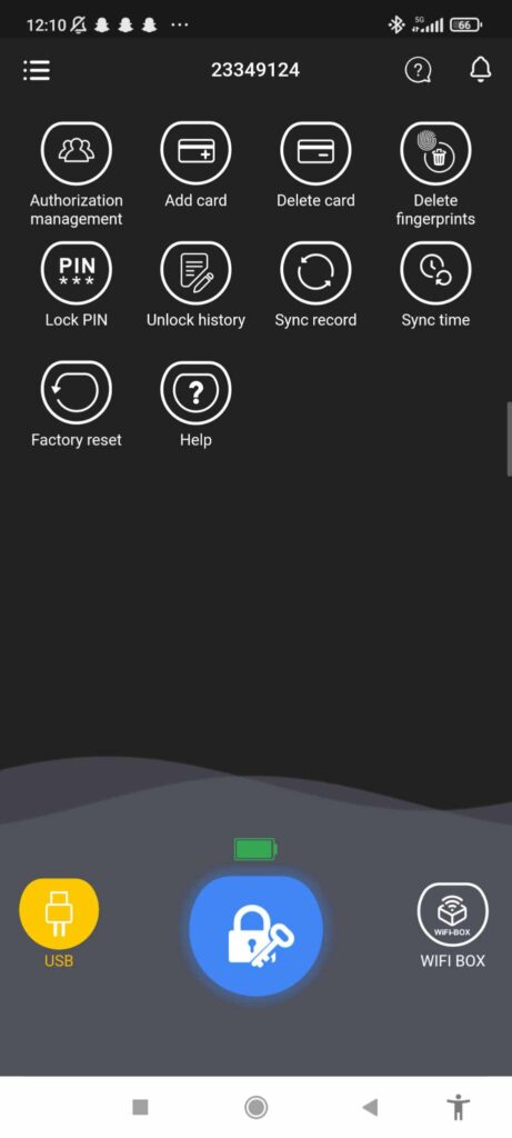 Fingerprint Smart Lock Touch 41 – hlavní menu mobilní aplikace