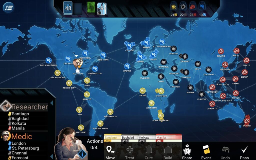 Pandemic: The Board Game – začátek herní partie se dvěma hráči