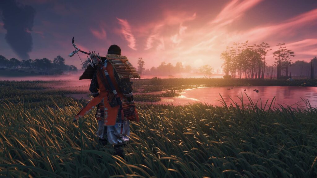 Ghost of Tsushima Director's Cut - romantický západ slunce
