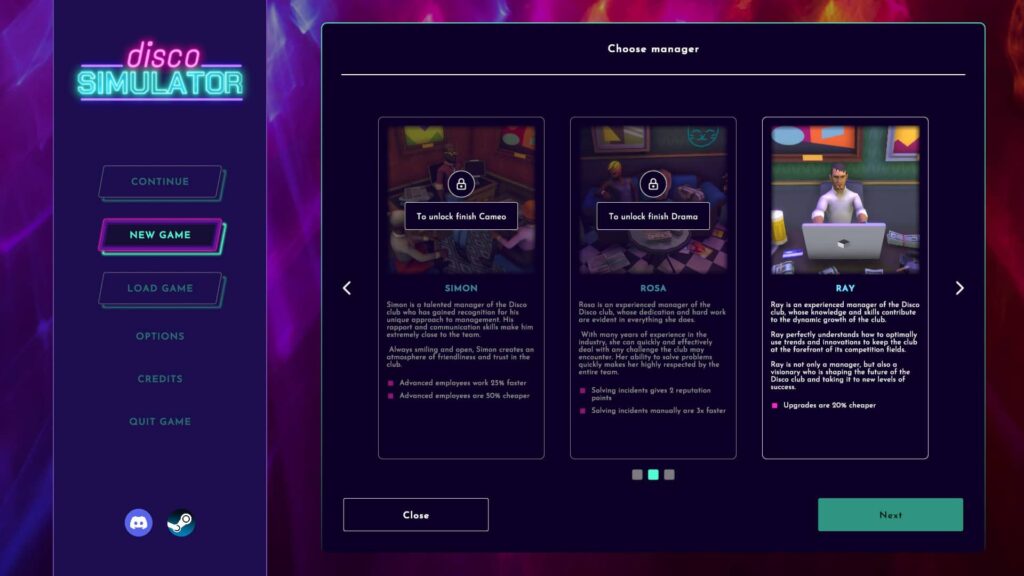 Disco Simulator - výběr manažera