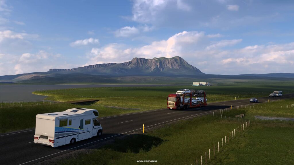 ETS2 Iceland - červený tahač vezoucí auta