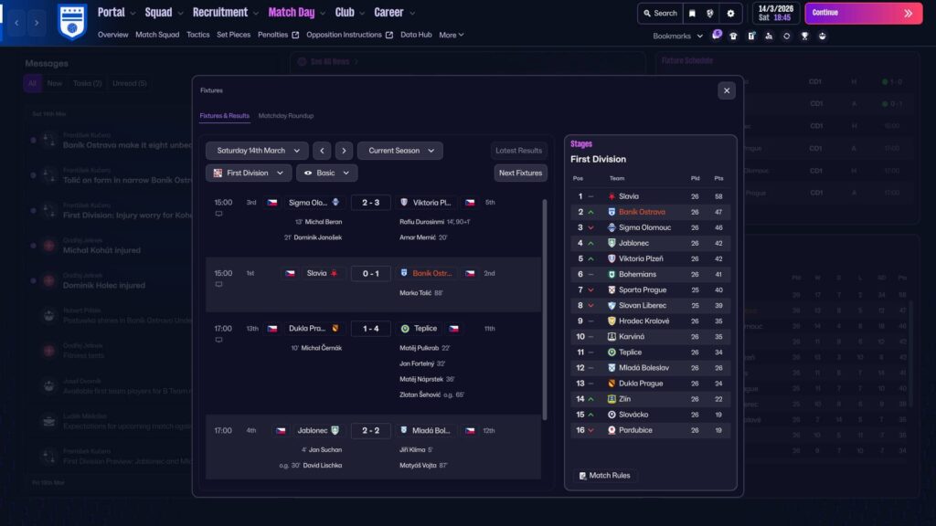 Football Manager 2026 - zápasy a výsledky