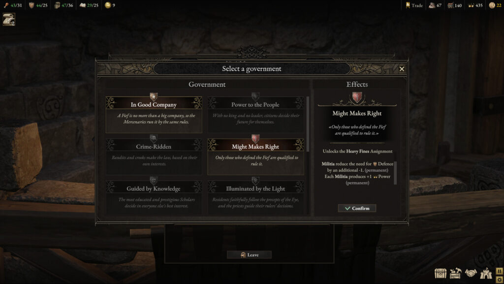 Wartales - Contract The Fief - výběr vlády