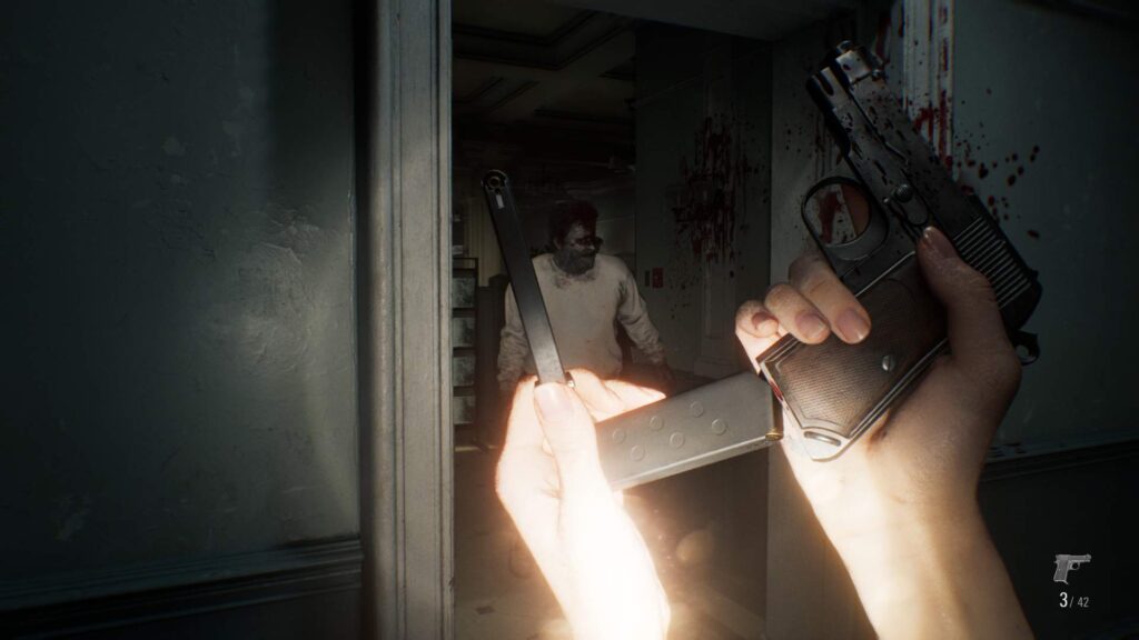 Resident Evil Requiem - přebíjení pistole