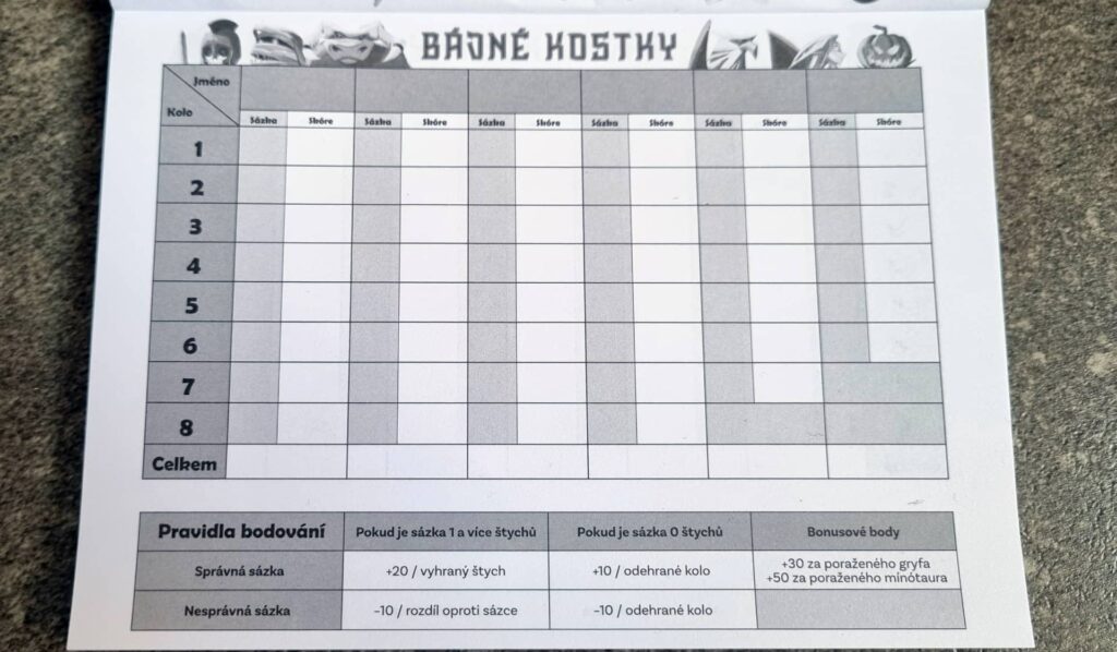 Bájné kostky - bodovací bloček