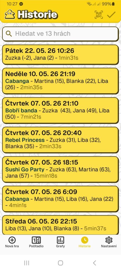 MyScoreTracker - historie odehraných her