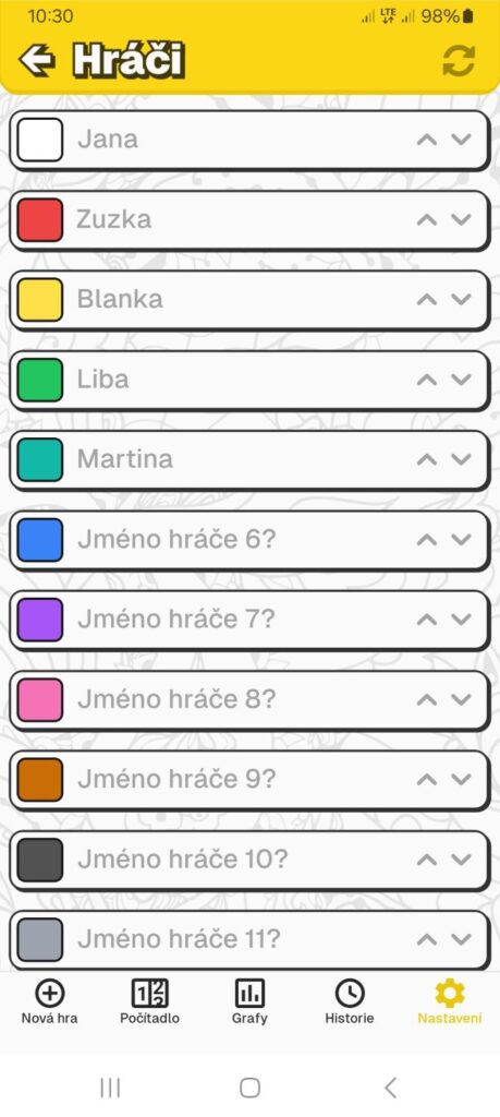 MyScoreTracker - nastavení jmen hráčů