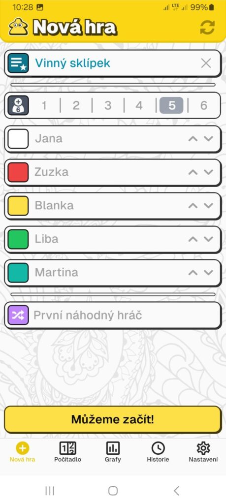 MyScoreTracker - nastavení nové hry