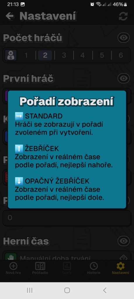 MyScoreTracker - nastavení žebříčku